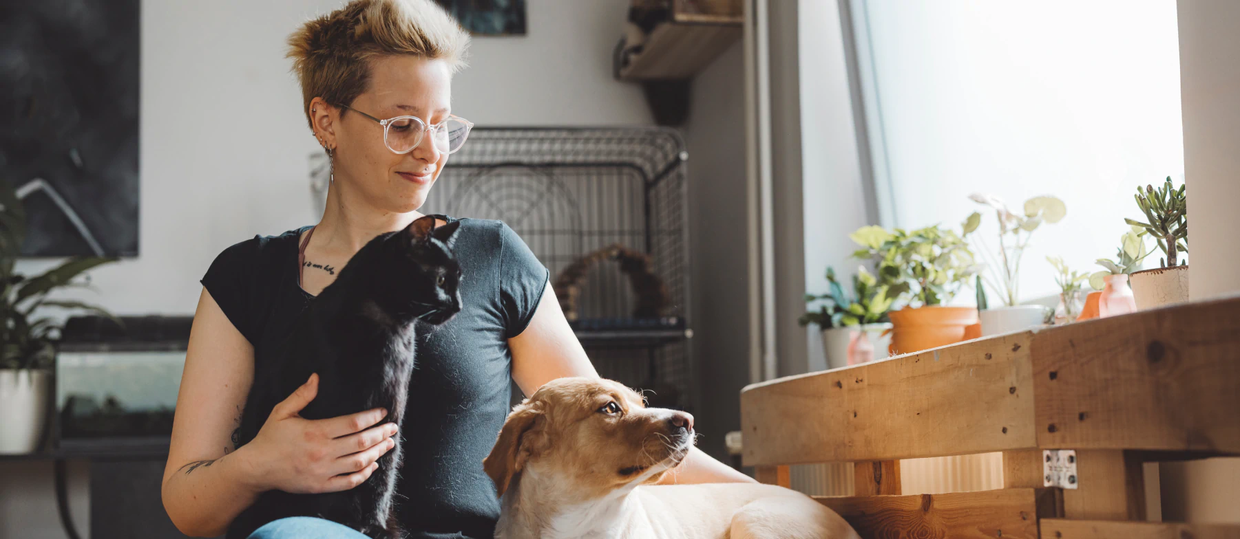 Person with short blond hair and glasses sits indoors, smiling while holding a black cat on their lap, with a brown and white dog resting beside them near a wooden table with potted plants.