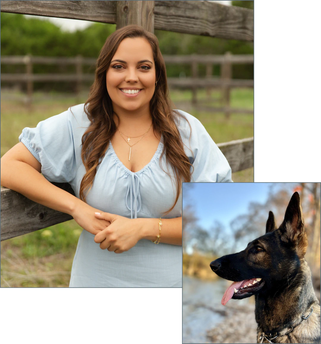 A smiling woman in a light blue dress leans on a wooden fence outdoors. Inset at the bottom right is a photo of a German Shepherd dog with its mouth open, tongue out, and ears up.